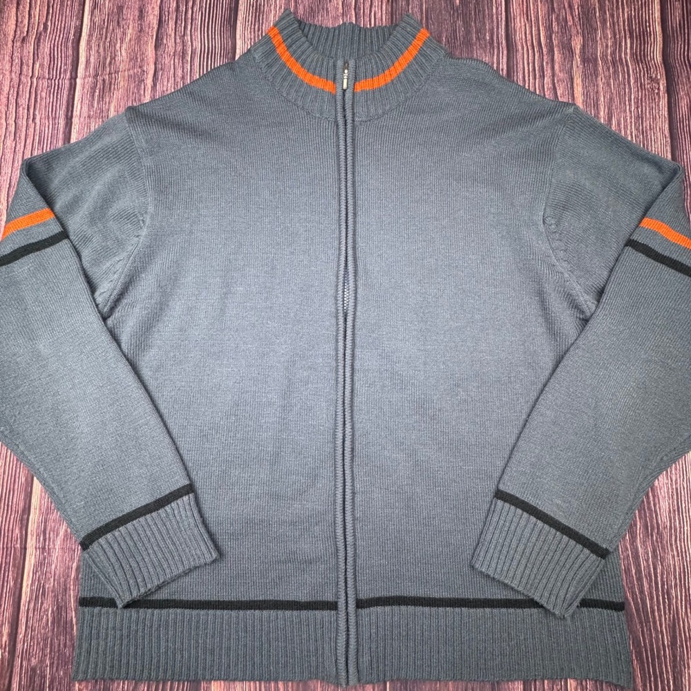 Whispering Smith Full Zip XL Acrylic Blue Orange Stripe Mock Neck Knit Sweater